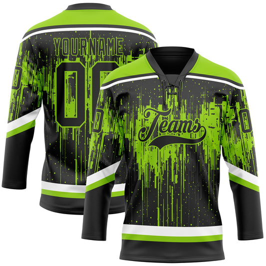 Custom Black Neon Green Steel Gray-White Dripping Splatter Pattern Hockey Lace Neck Jersey - Main View