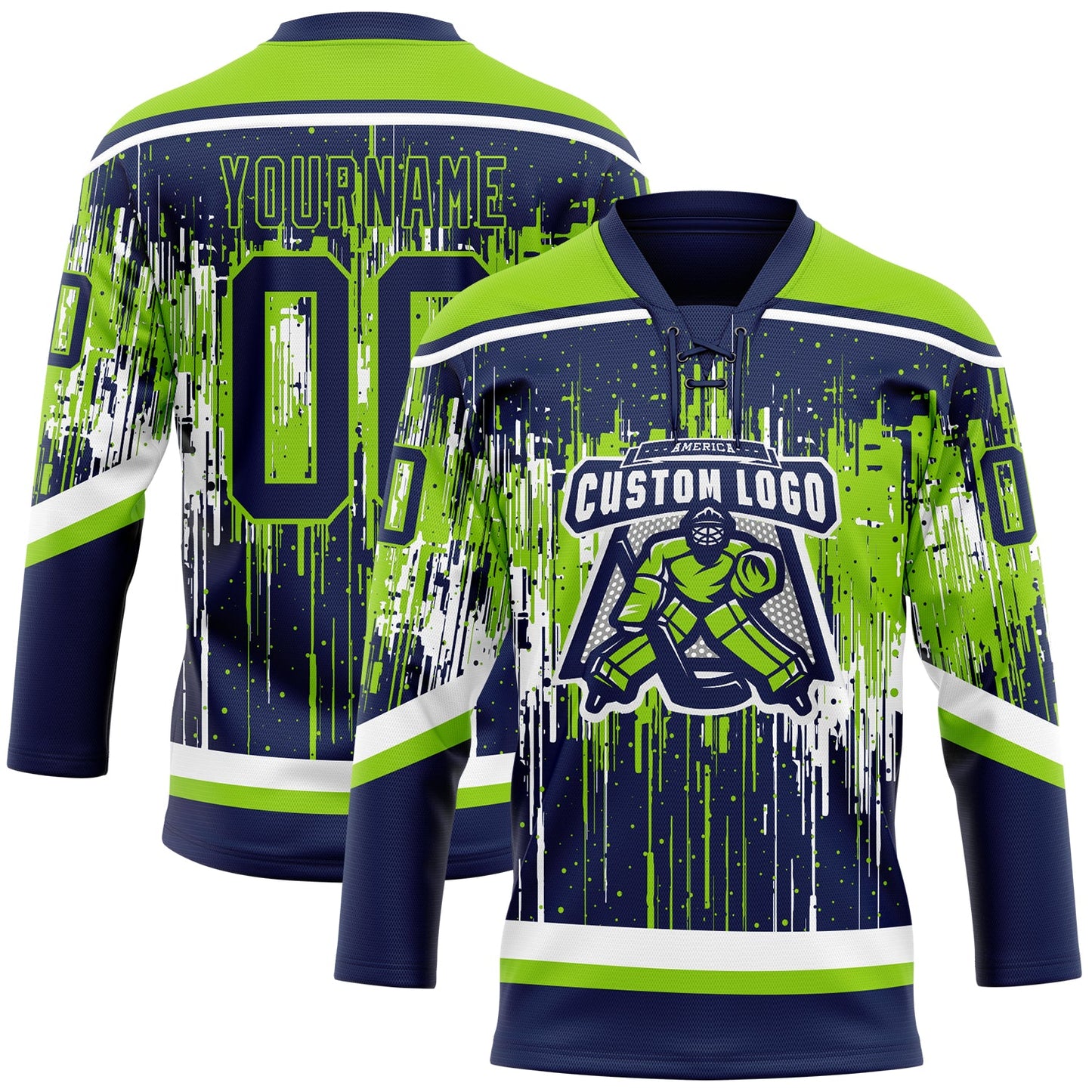 Custom Navy Neon Green-White Dripping Splatter Pattern Hockey Lace Neck Jersey view 2