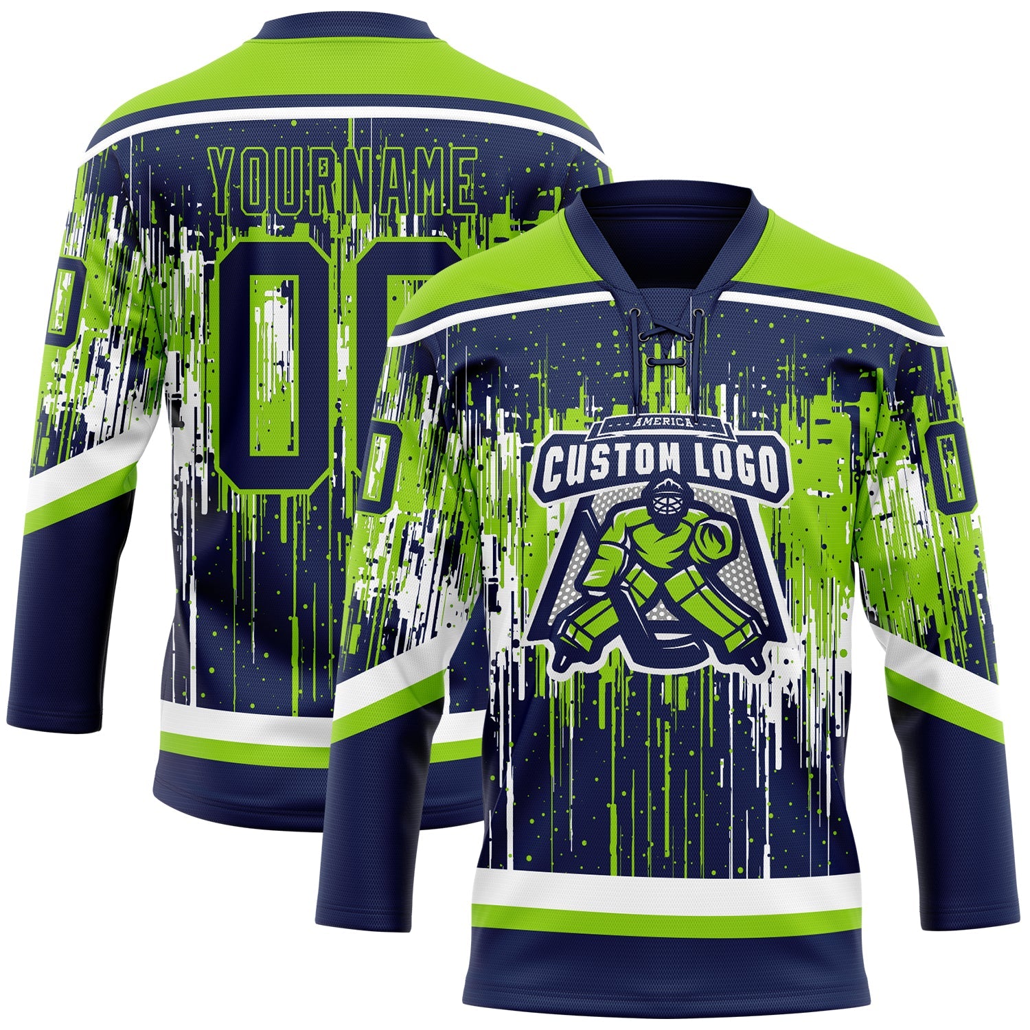 Custom Navy Neon Green-White Dripping Splatter Pattern Hockey Lace Neck Jersey view 2