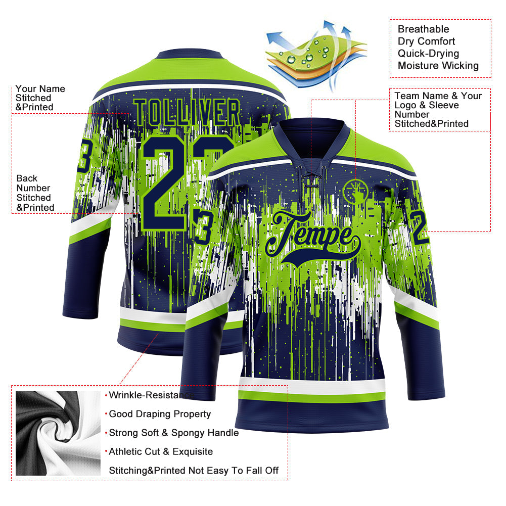 Custom Navy Neon Green-White Dripping Splatter Pattern Hockey Lace Neck Jersey view 5