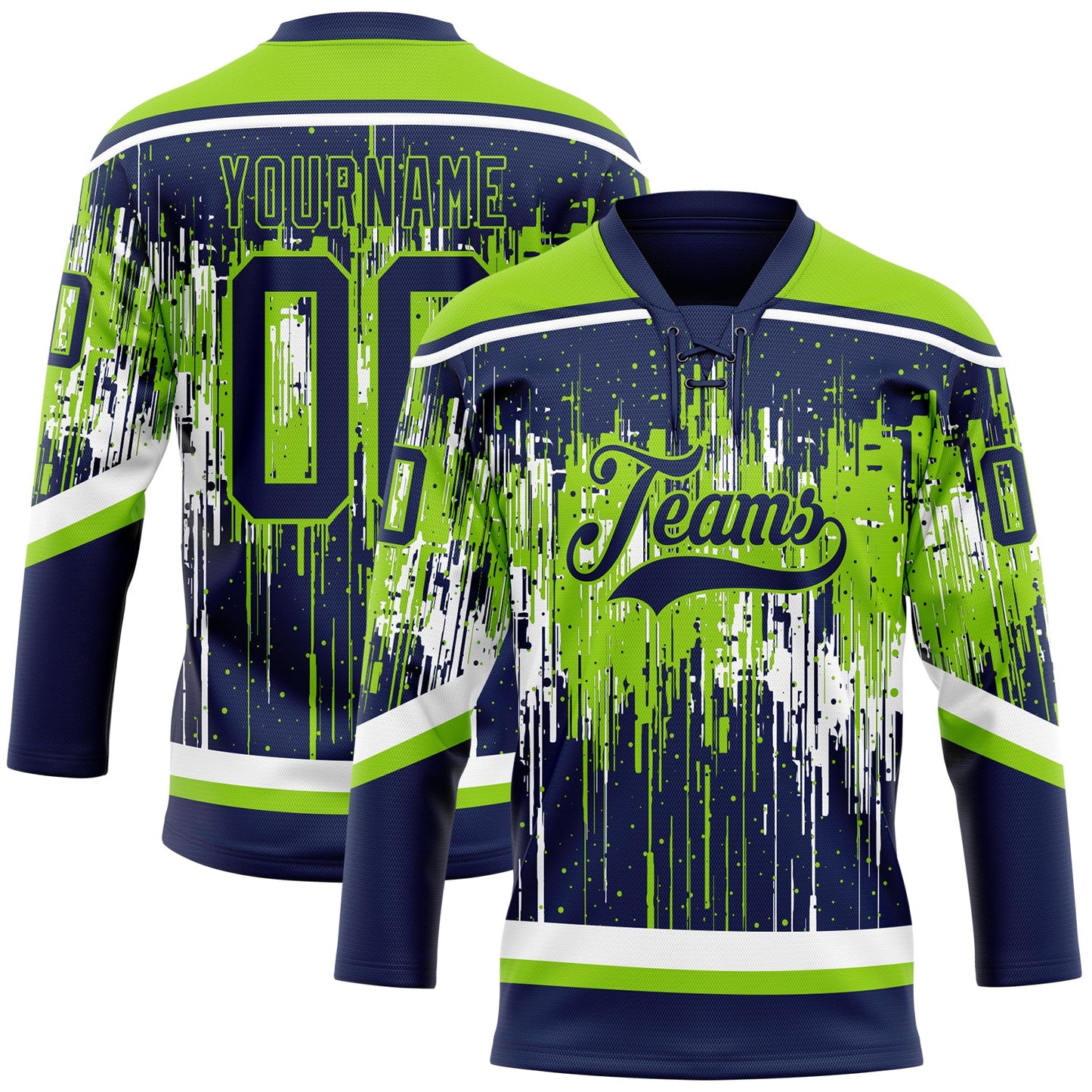 Custom Navy Neon Green-White Dripping Splatter Pattern Hockey Lace Neck Jersey - Main View