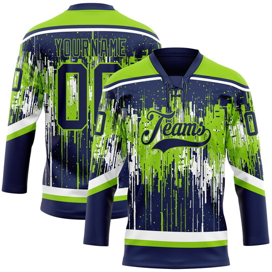 Custom Navy Neon Green-White Dripping Splatter Pattern Hockey Lace Neck Jersey - Main View
