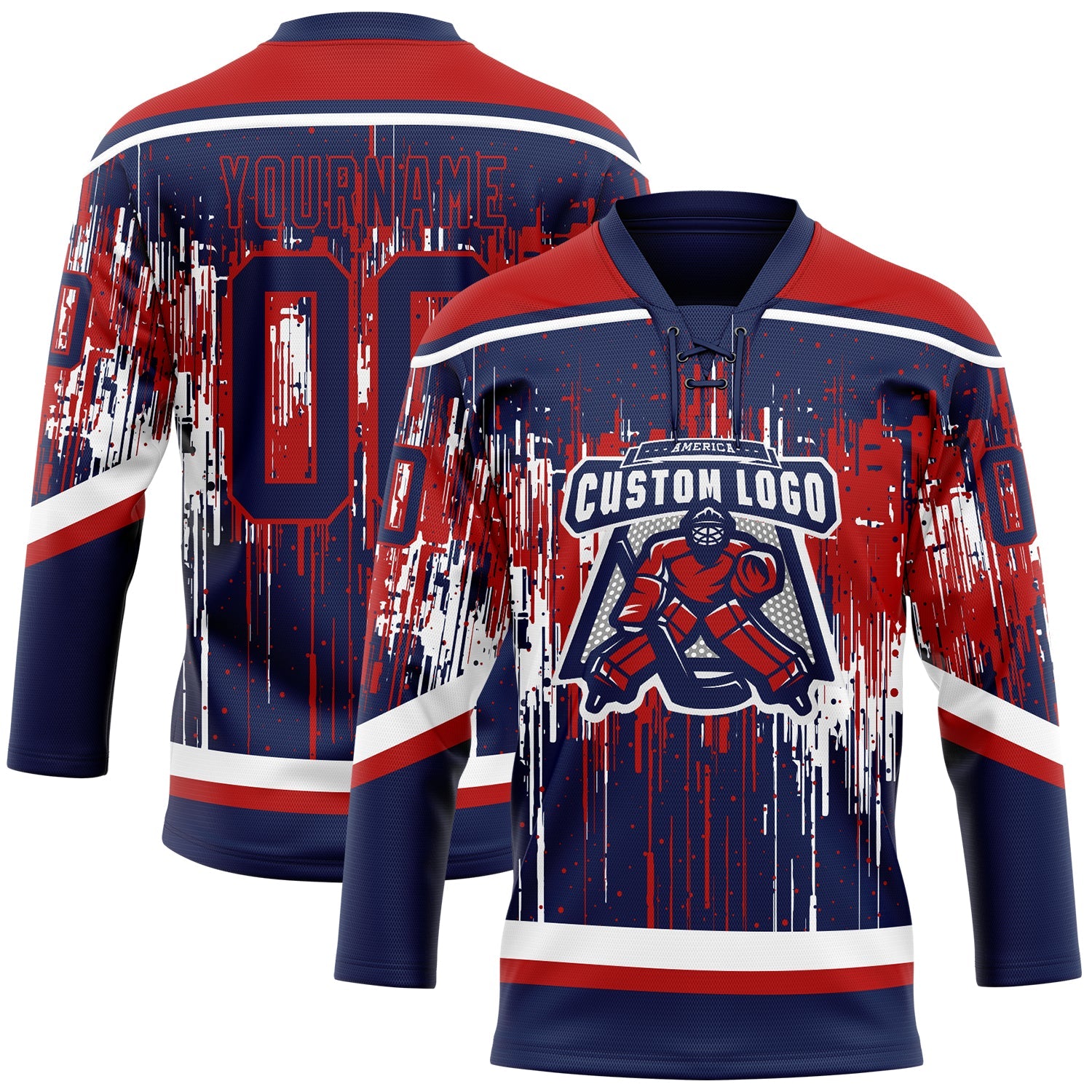 Custom Navy Red-White Dripping Splatter Pattern Hockey Lace Neck Jersey view 2