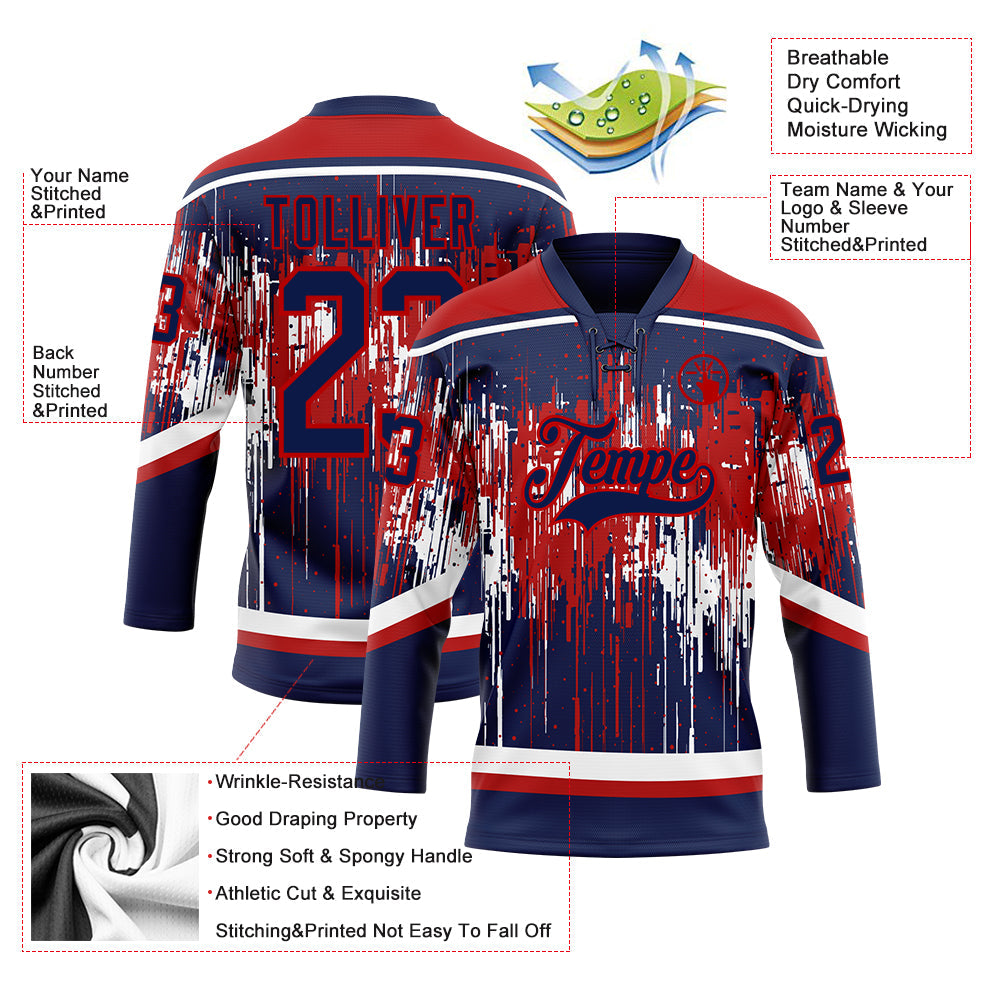 Custom Navy Red-White Dripping Splatter Pattern Hockey Lace Neck Jersey view 5