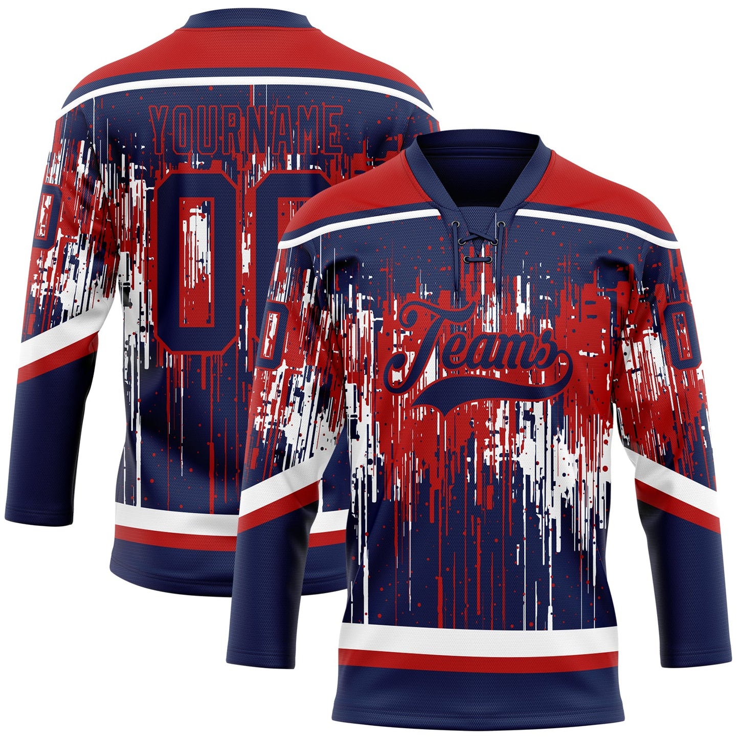 Custom Navy Red-White Dripping Splatter Pattern Hockey Lace Neck Jersey - Main View