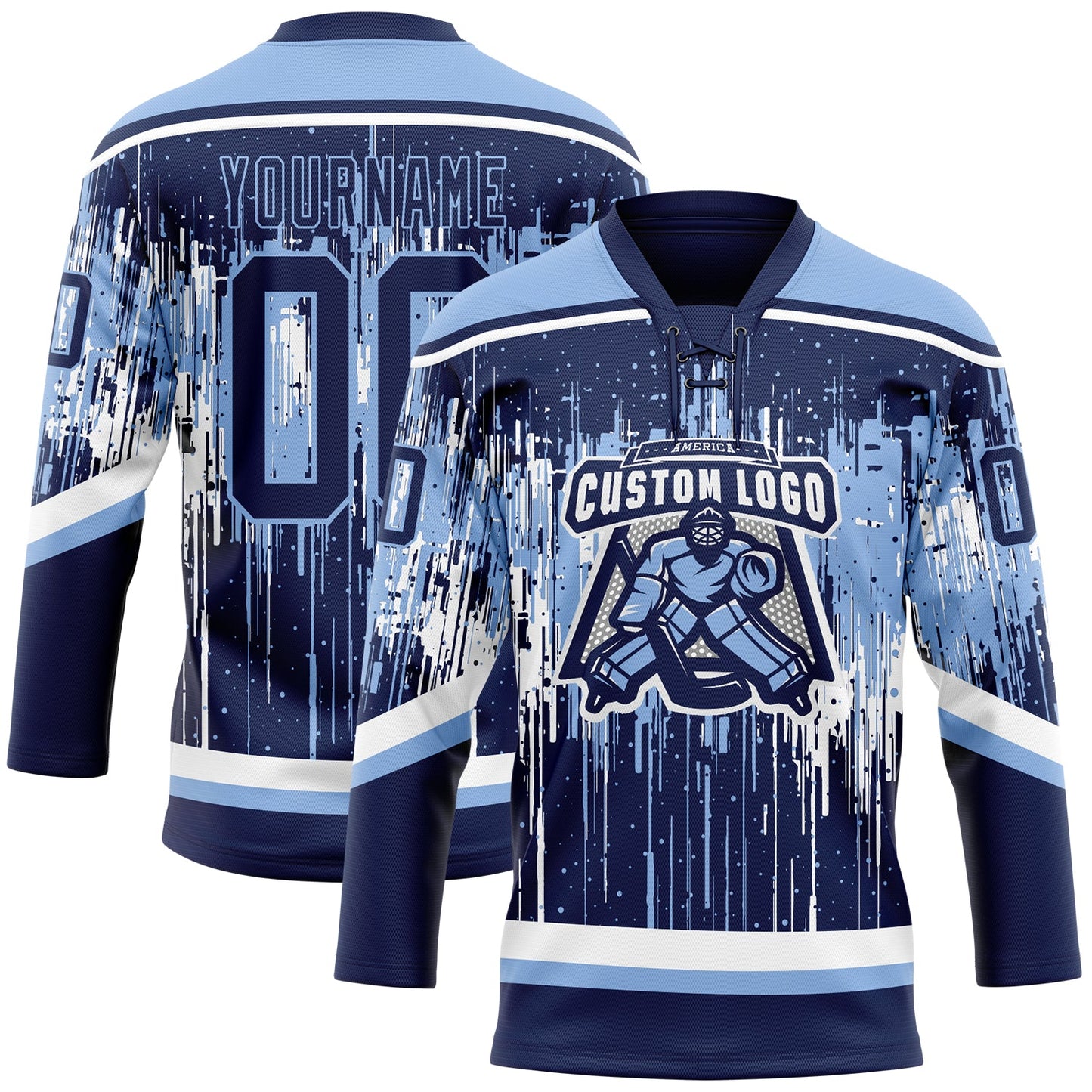 Custom Navy Light Blue-White Dripping Splatter Pattern Hockey Lace Neck Jersey view 2