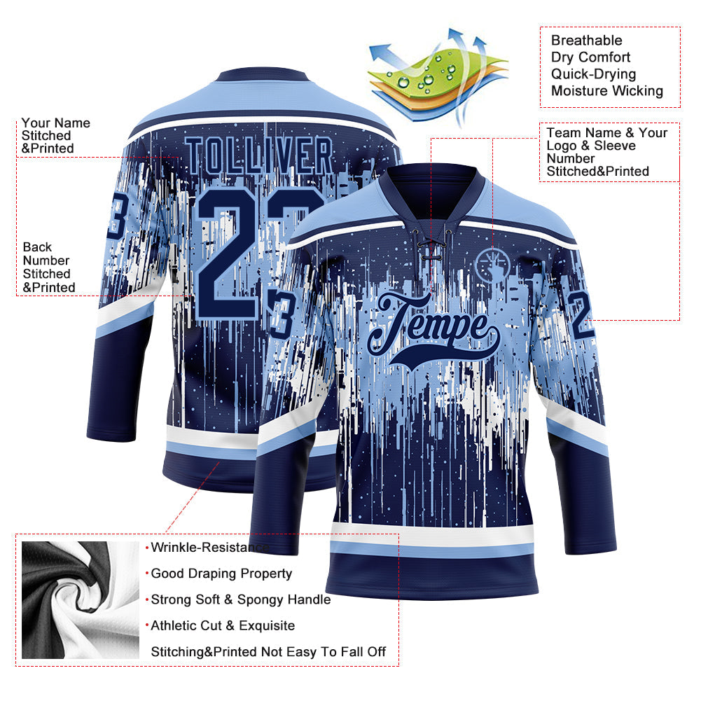 Custom Navy Light Blue-White Dripping Splatter Pattern Hockey Lace Neck Jersey view 5