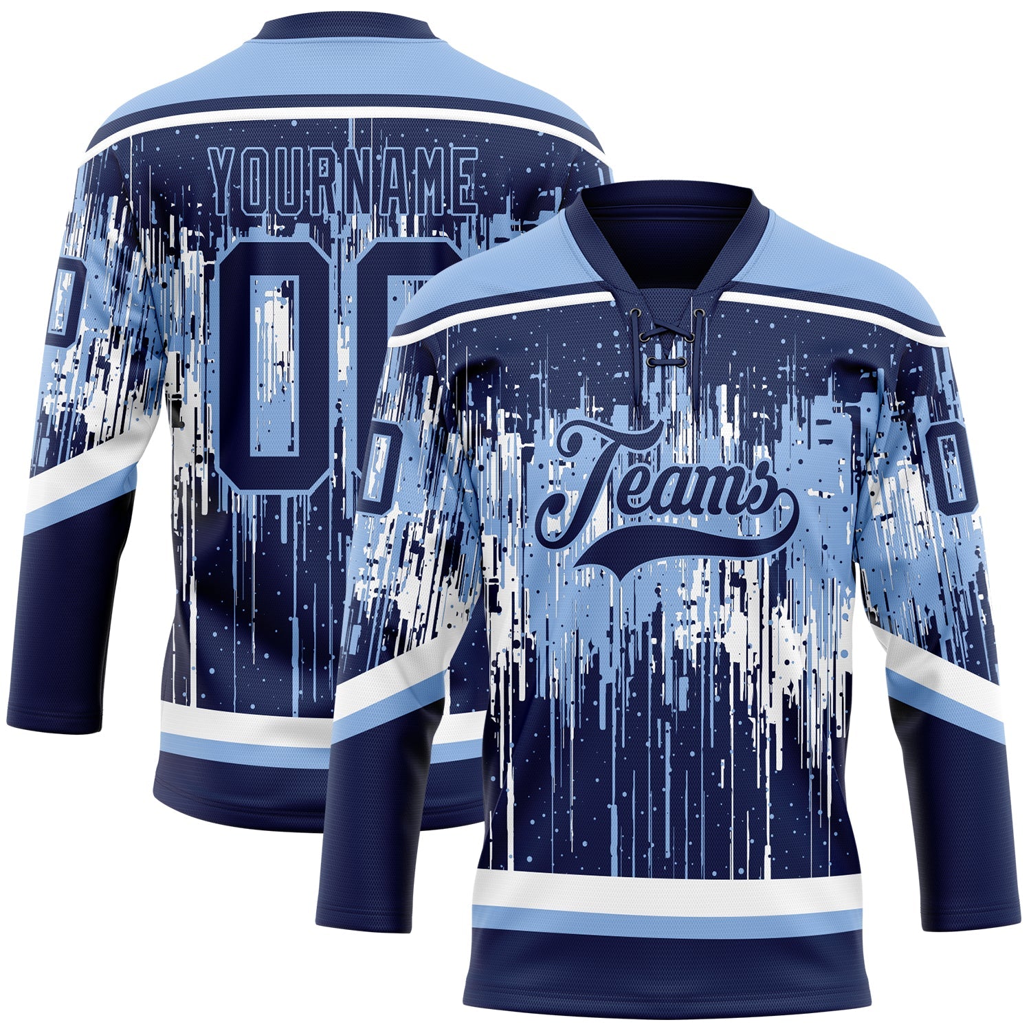 Custom Navy Light Blue-White Dripping Splatter Pattern Hockey Lace Neck Jersey - Main View