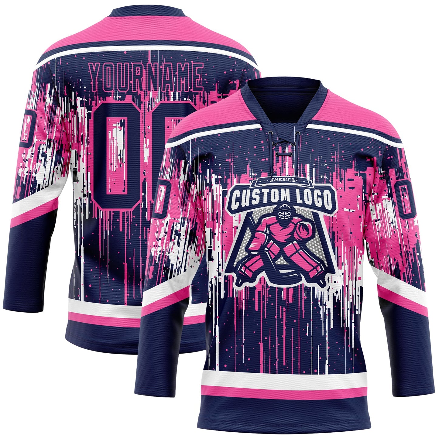 Custom Navy Pink-White Dripping Splatter Pattern Hockey Lace Neck Jersey view 2