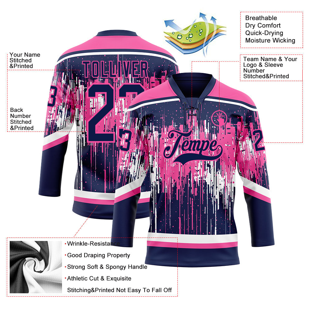 Custom Navy Pink-White Dripping Splatter Pattern Hockey Lace Neck Jersey view 5