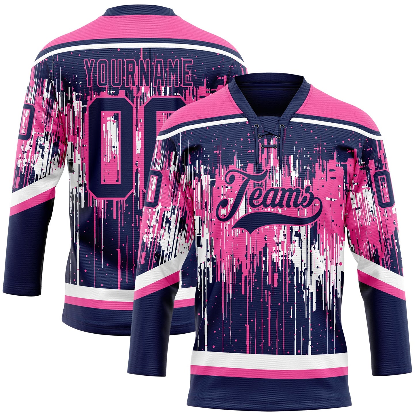 Custom Navy Pink-White Dripping Splatter Pattern Hockey Lace Neck Jersey - Main View