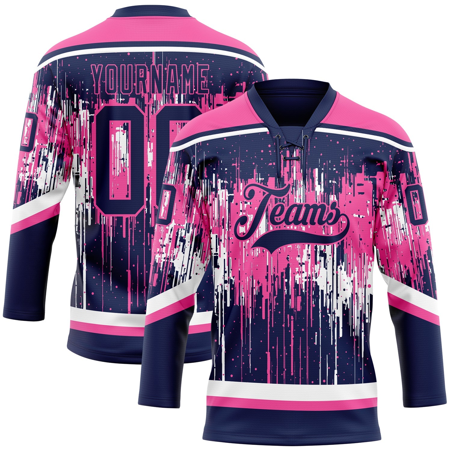 Custom Navy Pink-White Dripping Splatter Pattern Hockey Lace Neck Jersey - Main View