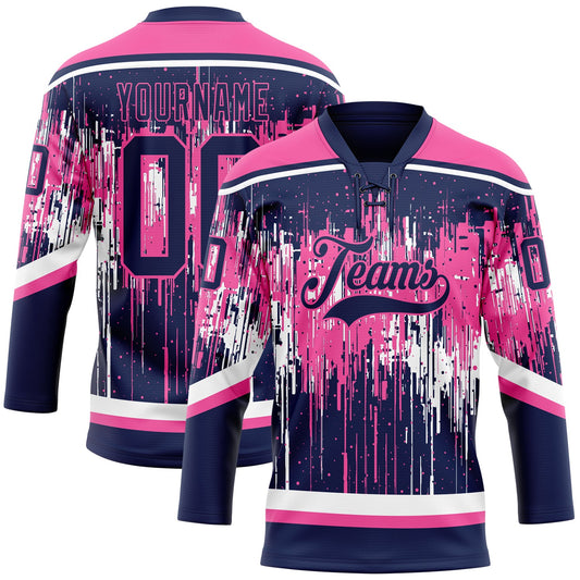Custom Navy Pink-White Dripping Splatter Pattern Hockey Lace Neck Jersey - Main View
