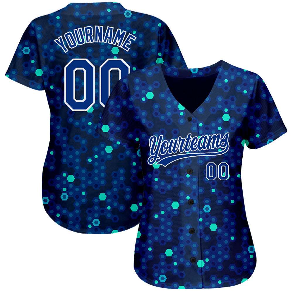 Custom Navy Royal-Aqua 3D Pattern Design Authentic Baseball Jersey view 2