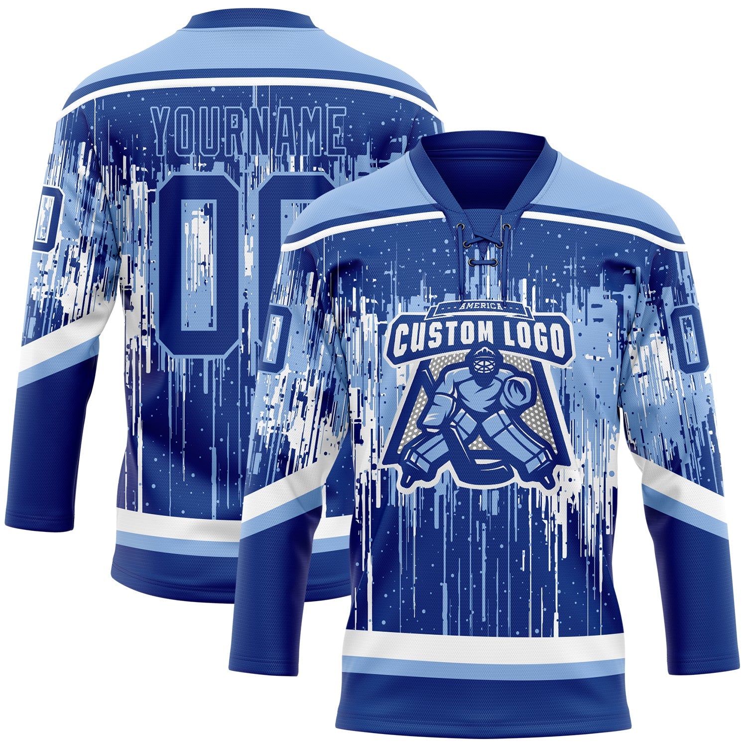 Custom Royal Light Blue-White Dripping Splatter Pattern Hockey Lace Neck Jersey view 2