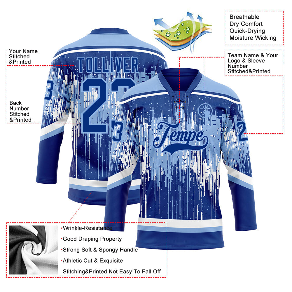 Custom Royal Light Blue-White Dripping Splatter Pattern Hockey Lace Neck Jersey view 5