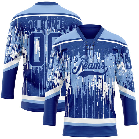 Custom Royal Light Blue-White Dripping Splatter Pattern Hockey Lace Neck Jersey - Main View