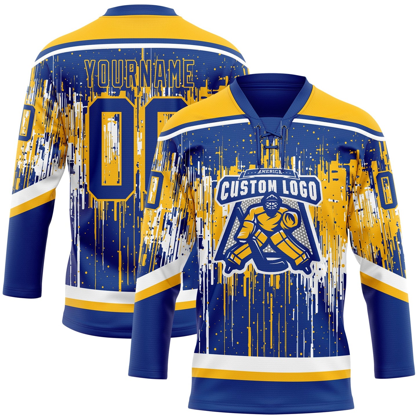 Custom Royal Gold-White Dripping Splatter Pattern Hockey Lace Neck Jersey view 2