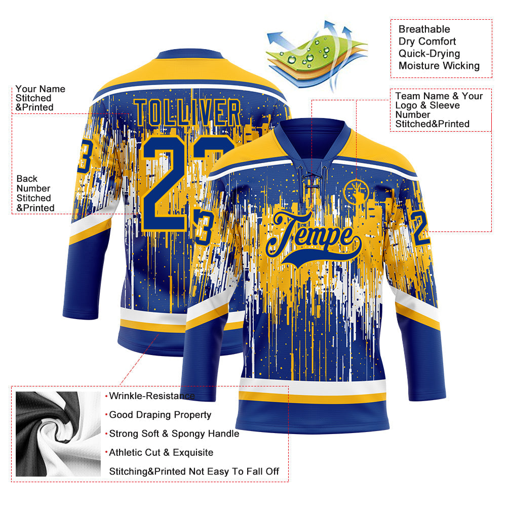 Custom Royal Gold-White Dripping Splatter Pattern Hockey Lace Neck Jersey view 5