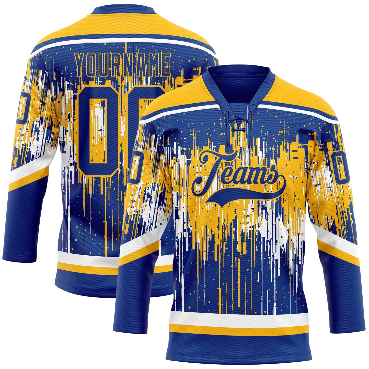 Custom Royal Gold-White Dripping Splatter Pattern Hockey Lace Neck Jersey - Main View