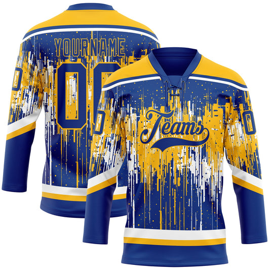 Custom Royal Gold-White Dripping Splatter Pattern Hockey Lace Neck Jersey - Main View