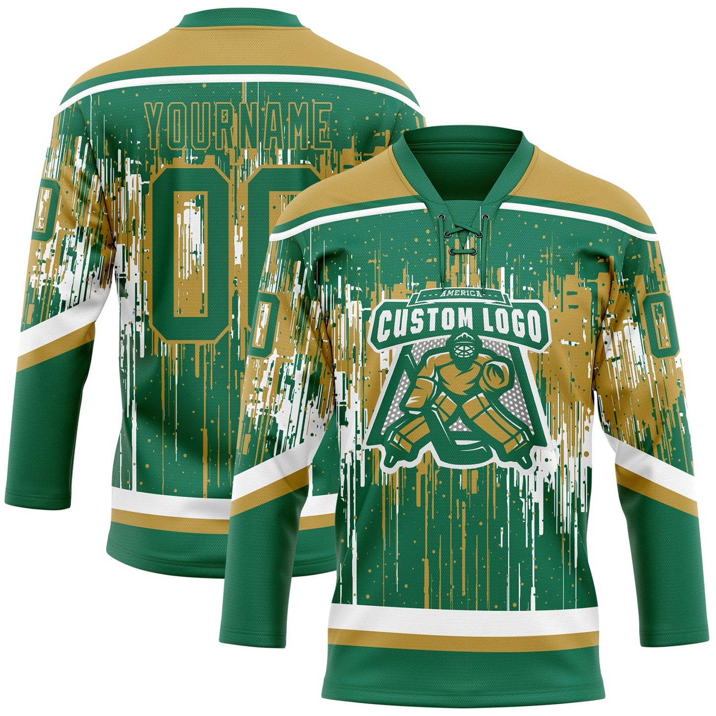 Custom Kelly Green Old Gold-White Dripping Splatter Pattern Hockey Lace Neck Jersey view 2
