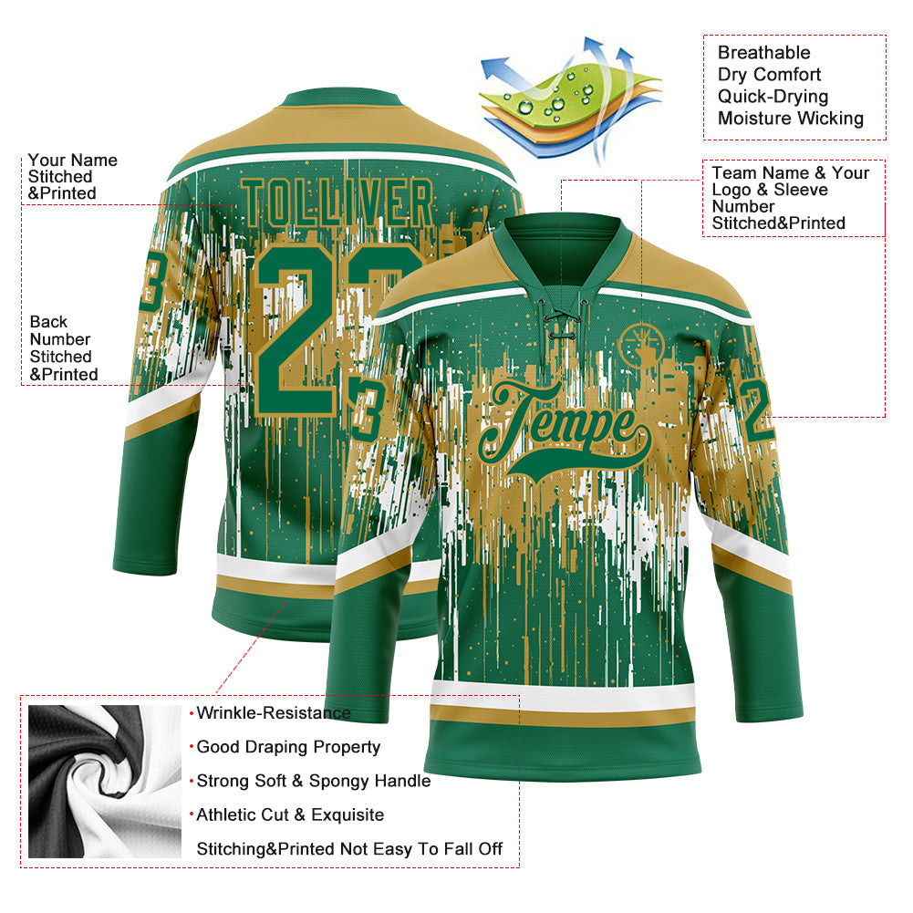 Custom Kelly Green Old Gold-White Dripping Splatter Pattern Hockey Lace Neck Jersey view 5