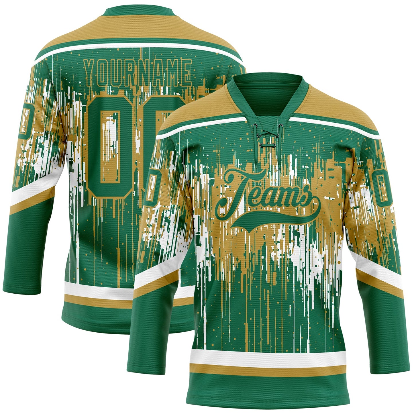 Custom Kelly Green Old Gold-White Dripping Splatter Pattern Hockey Lace Neck Jersey - Main View