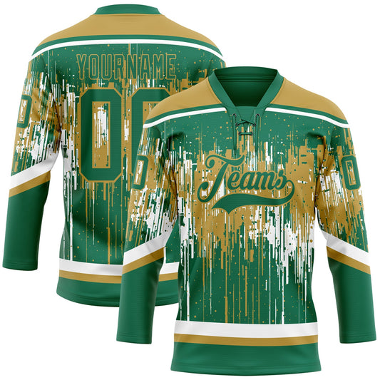 Custom Kelly Green Old Gold-White Dripping Splatter Pattern Hockey Lace Neck Jersey - Main View