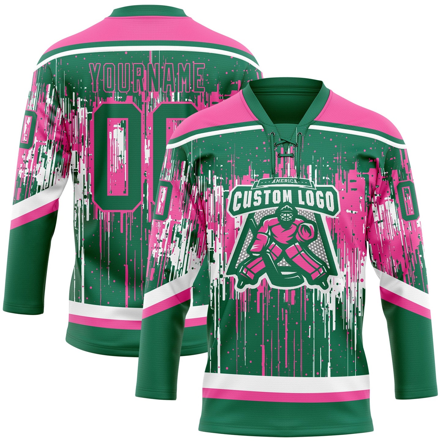 Custom Kelly Green Pink-White Dripping Splatter Pattern Hockey Lace Neck Jersey view 2