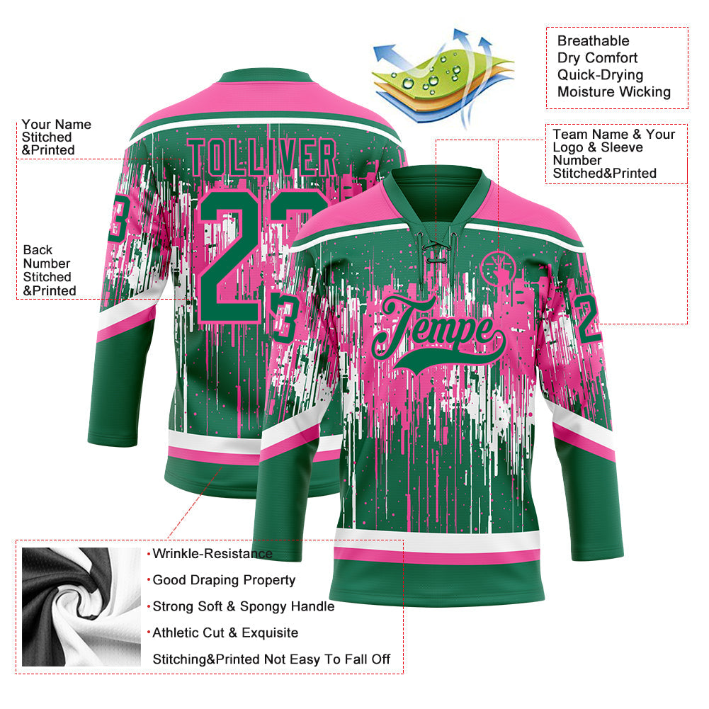 Custom Kelly Green Pink-White Dripping Splatter Pattern Hockey Lace Neck Jersey view 5