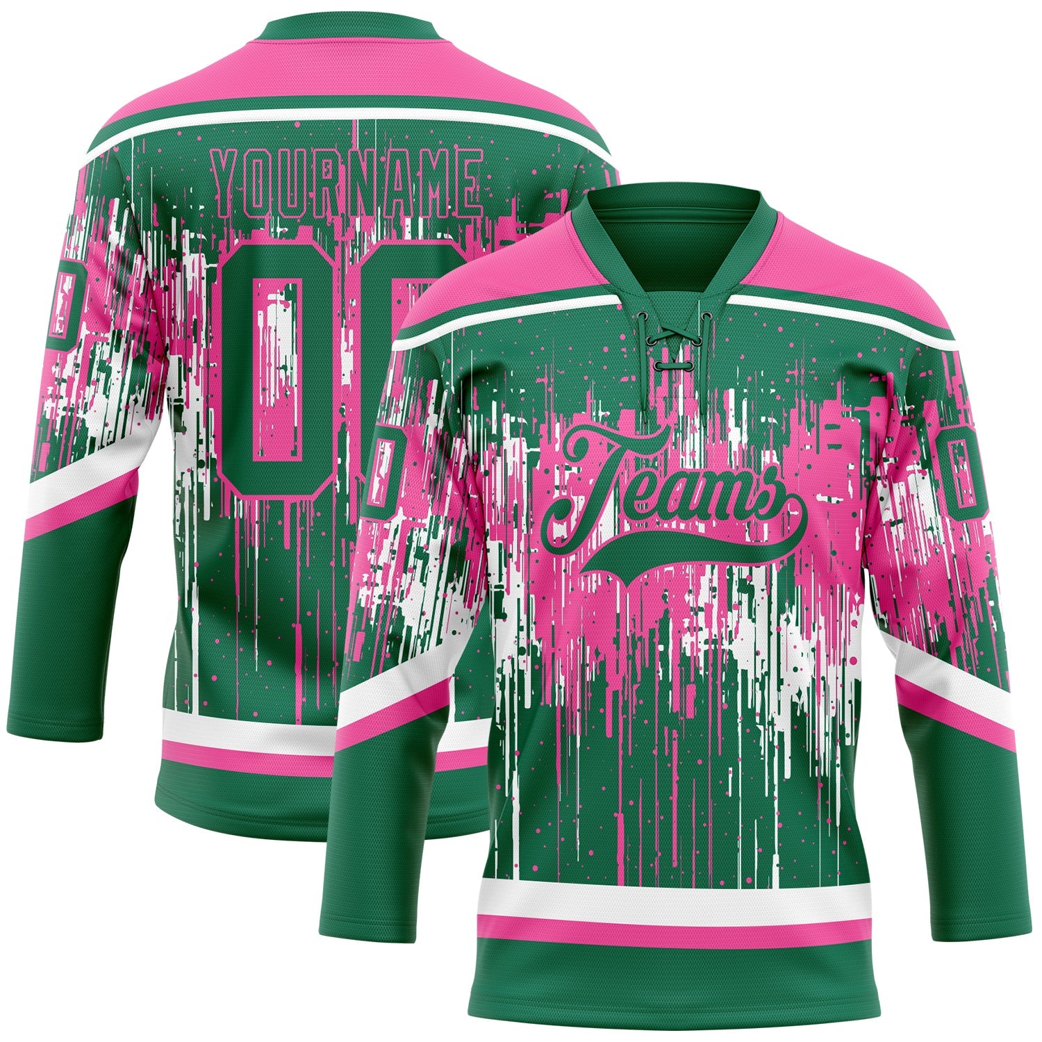 Custom Kelly Green Pink-White Dripping Splatter Pattern Hockey Lace Neck Jersey - Main View