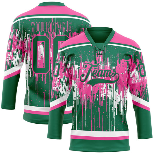 Custom Kelly Green Pink-White Dripping Splatter Pattern Hockey Lace Neck Jersey - Main View