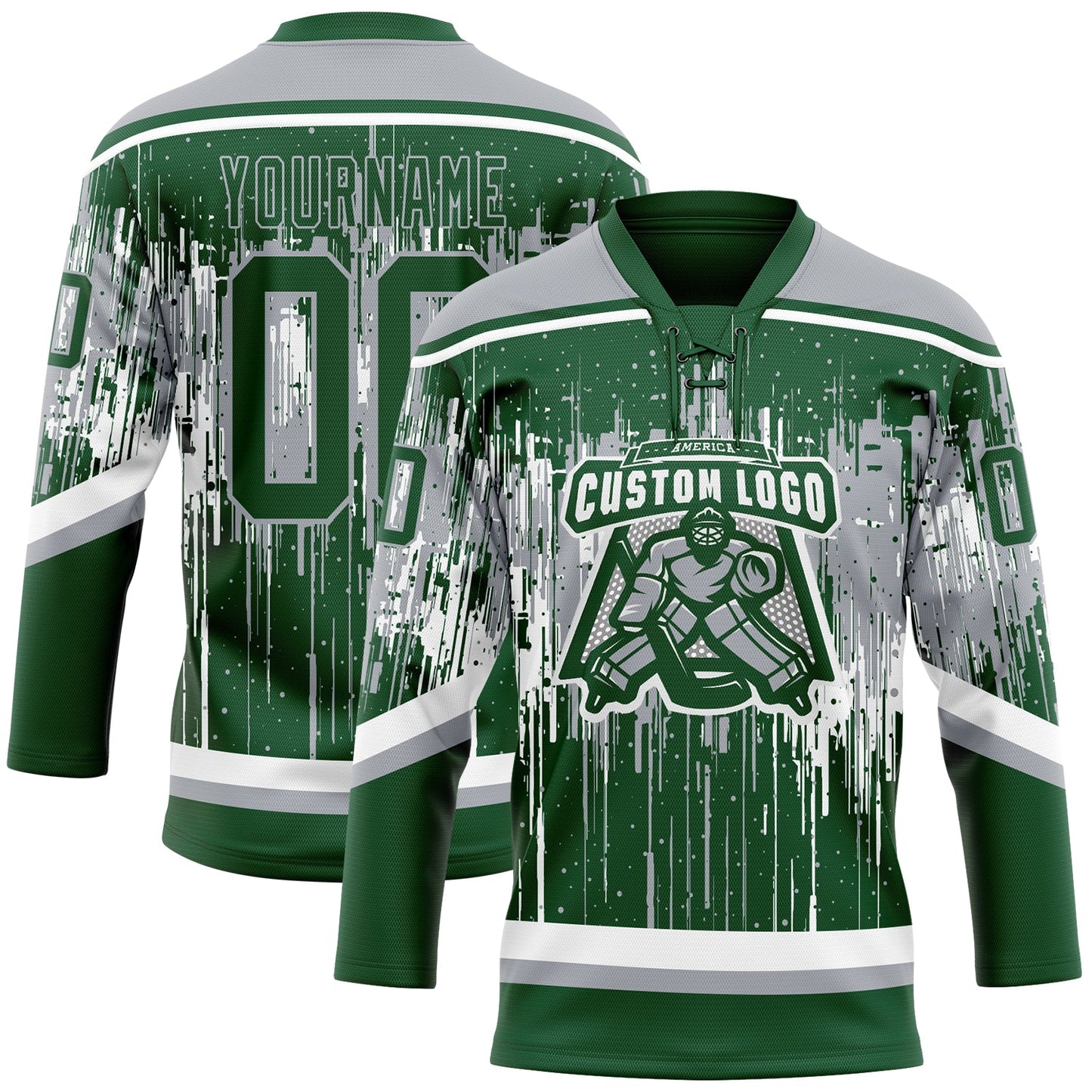 Custom Green Gray-White Dripping Splatter Pattern Hockey Lace Neck Jersey view 2