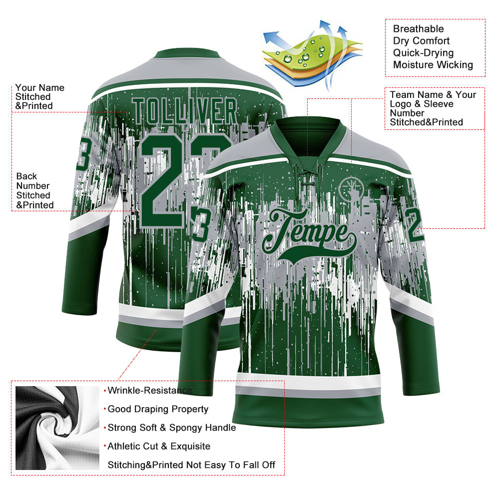 Custom Green Gray-White Dripping Splatter Pattern Hockey Lace Neck Jersey view 5