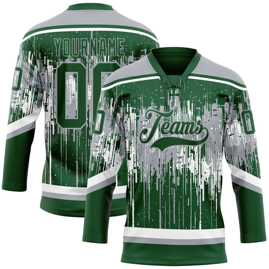 Custom Green Gray-White Dripping Splatter Pattern Hockey Lace Neck Jersey - Main View