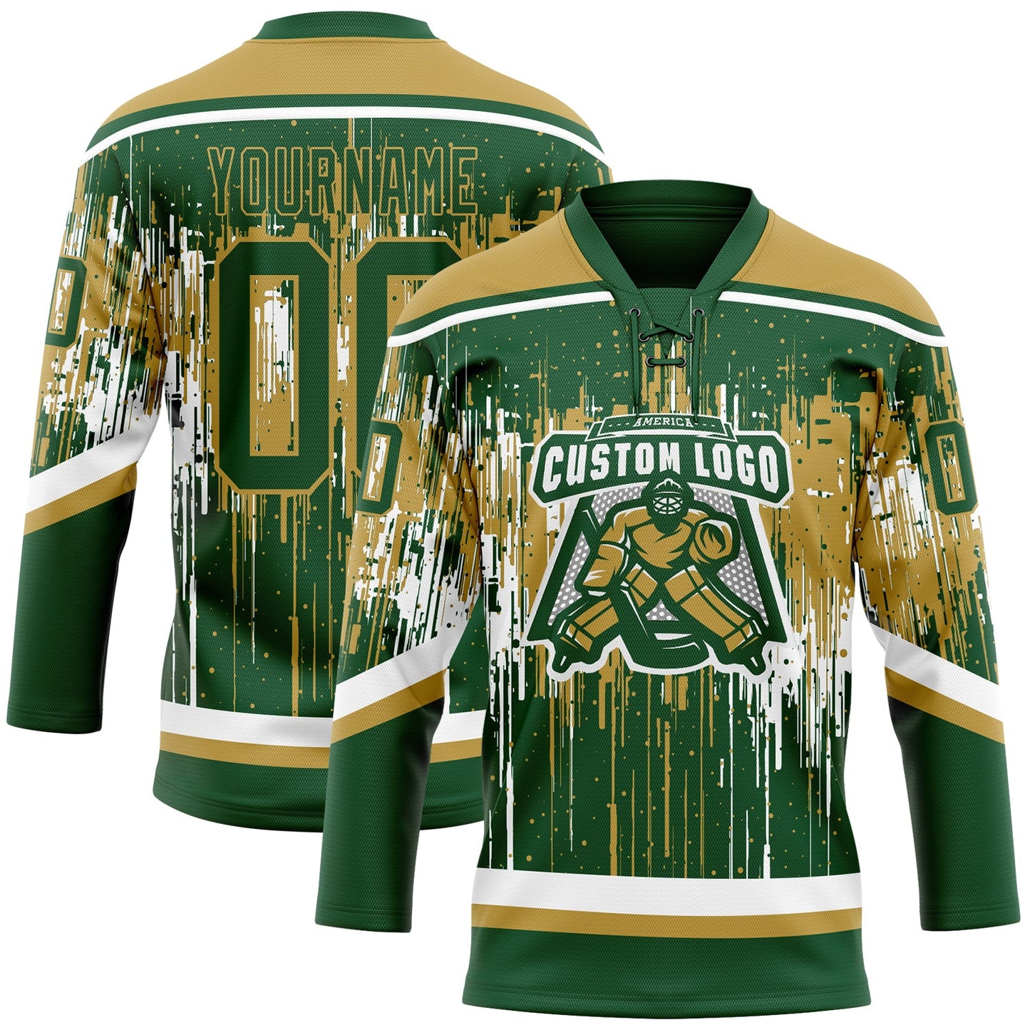 Custom Green Old Gold-White Dripping Splatter Pattern Hockey Lace Neck Jersey view 2