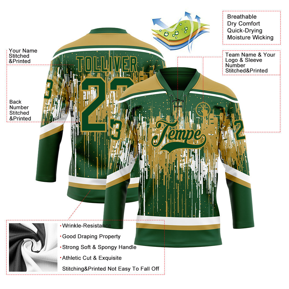 Custom Green Old Gold-White Dripping Splatter Pattern Hockey Lace Neck Jersey view 5