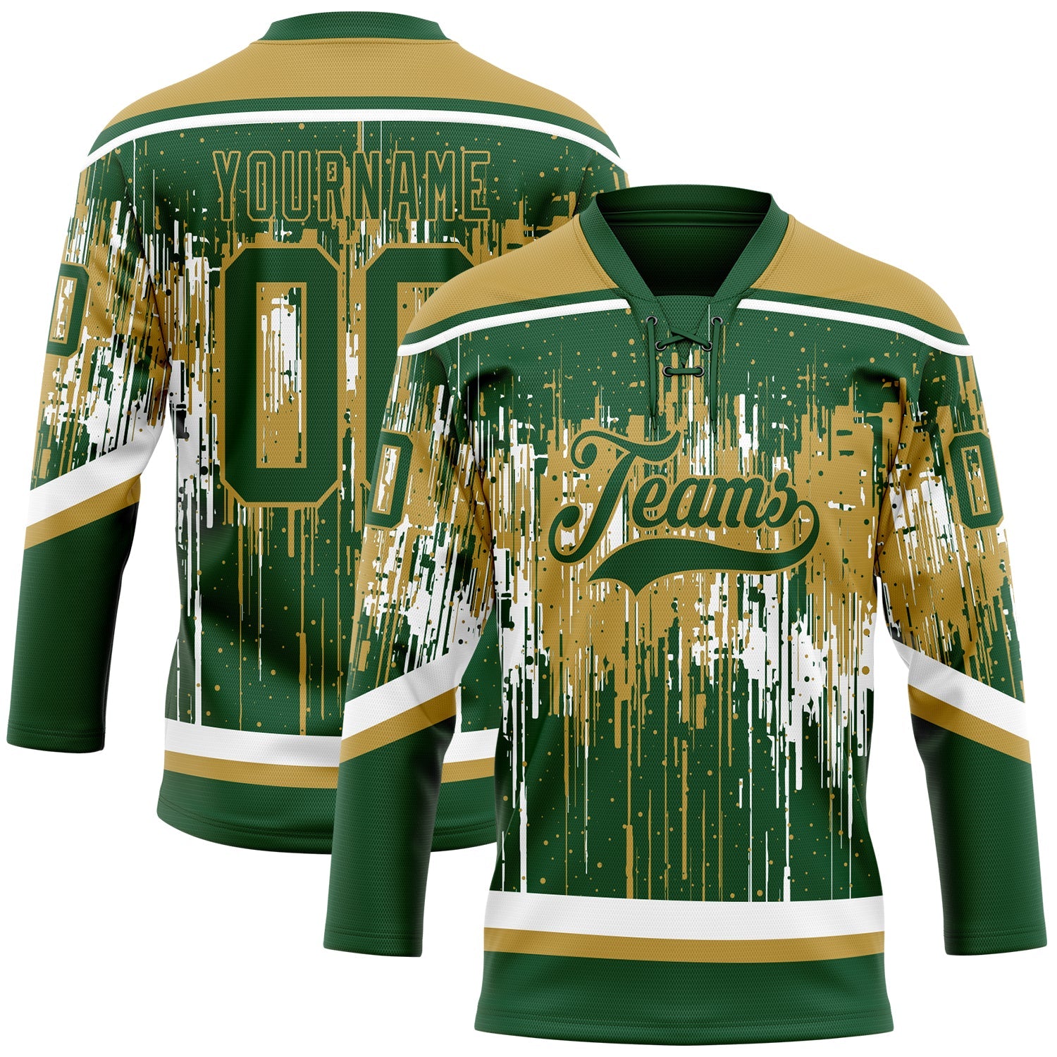 Custom Green Old Gold-White Dripping Splatter Pattern Hockey Lace Neck Jersey - Main View