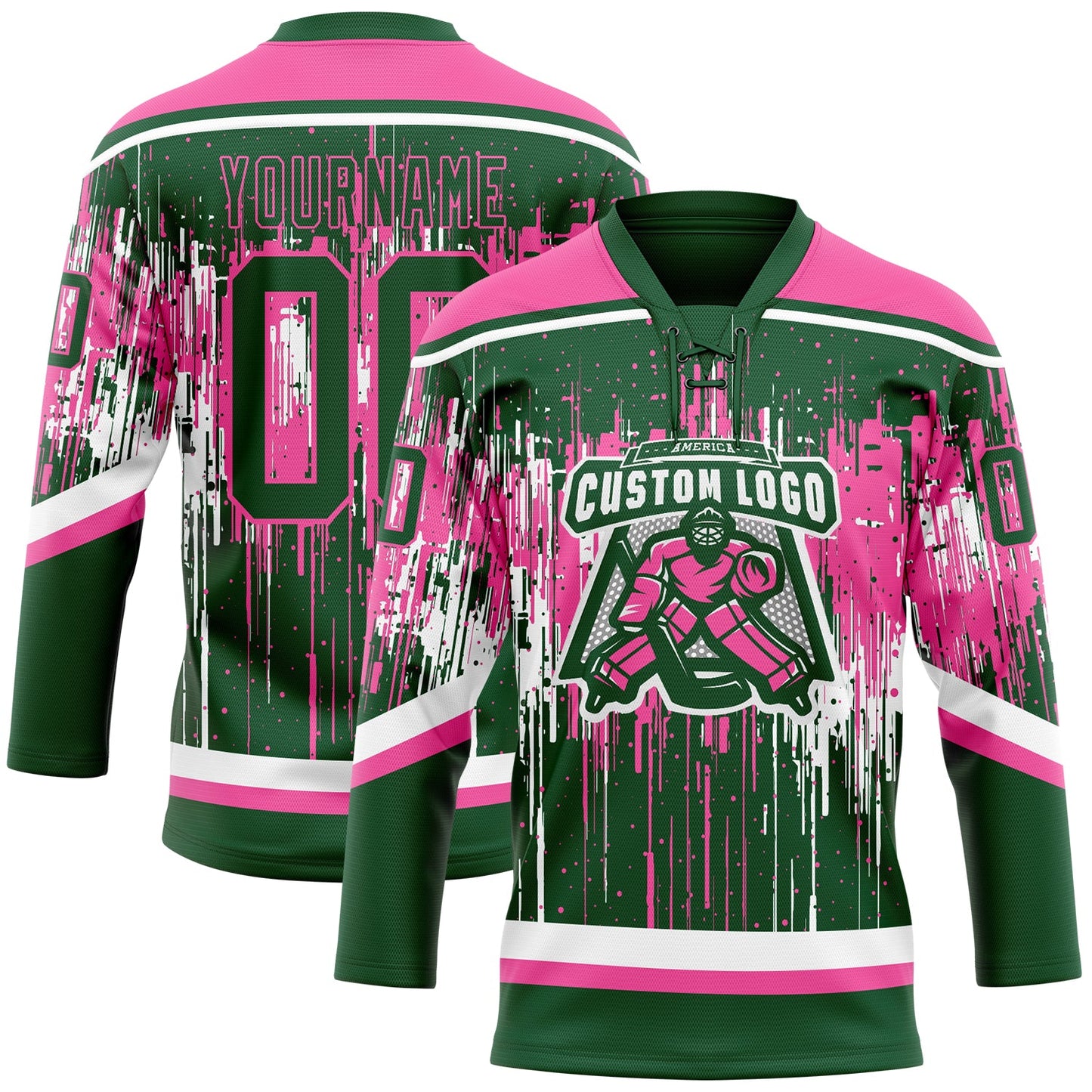Custom Green Pink-White Dripping Splatter Pattern Hockey Lace Neck Jersey view 2