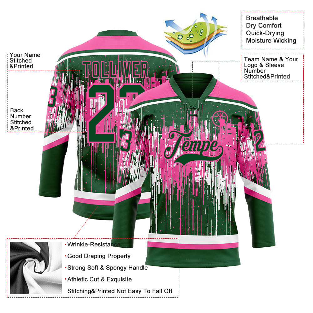 Custom Green Pink-White Dripping Splatter Pattern Hockey Lace Neck Jersey view 5