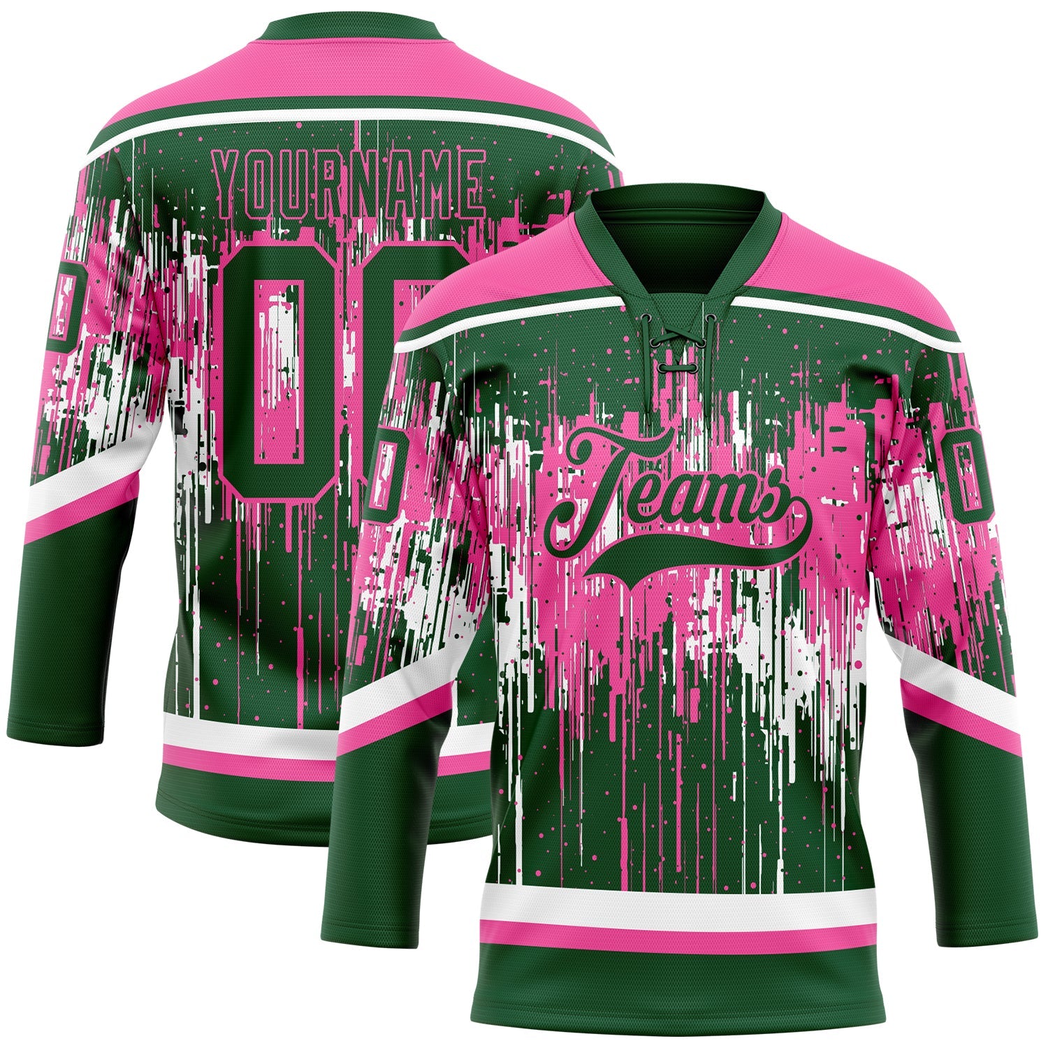 Custom Green Pink-White Dripping Splatter Pattern Hockey Lace Neck Jersey - Main View