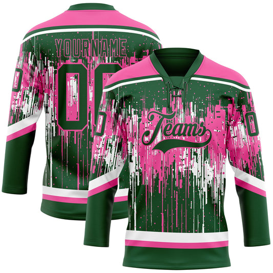 Custom Green Pink-White Dripping Splatter Pattern Hockey Lace Neck Jersey - Main View