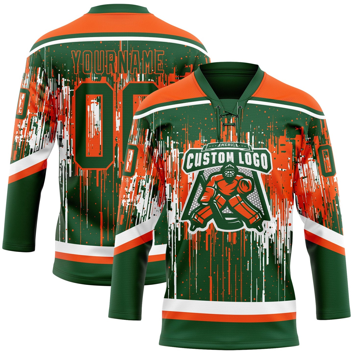 Custom Green Orange-White Dripping Splatter Pattern Hockey Lace Neck Jersey view 2