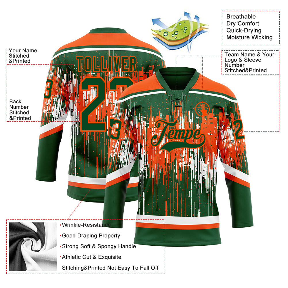 Custom Green Orange-White Dripping Splatter Pattern Hockey Lace Neck Jersey view 5