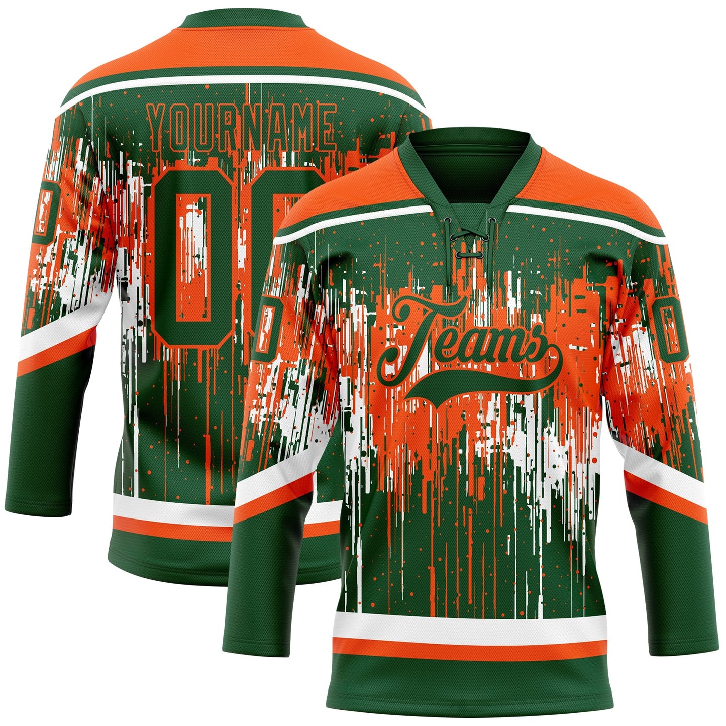 Custom Green Orange-White Dripping Splatter Pattern Hockey Lace Neck Jersey - Main View
