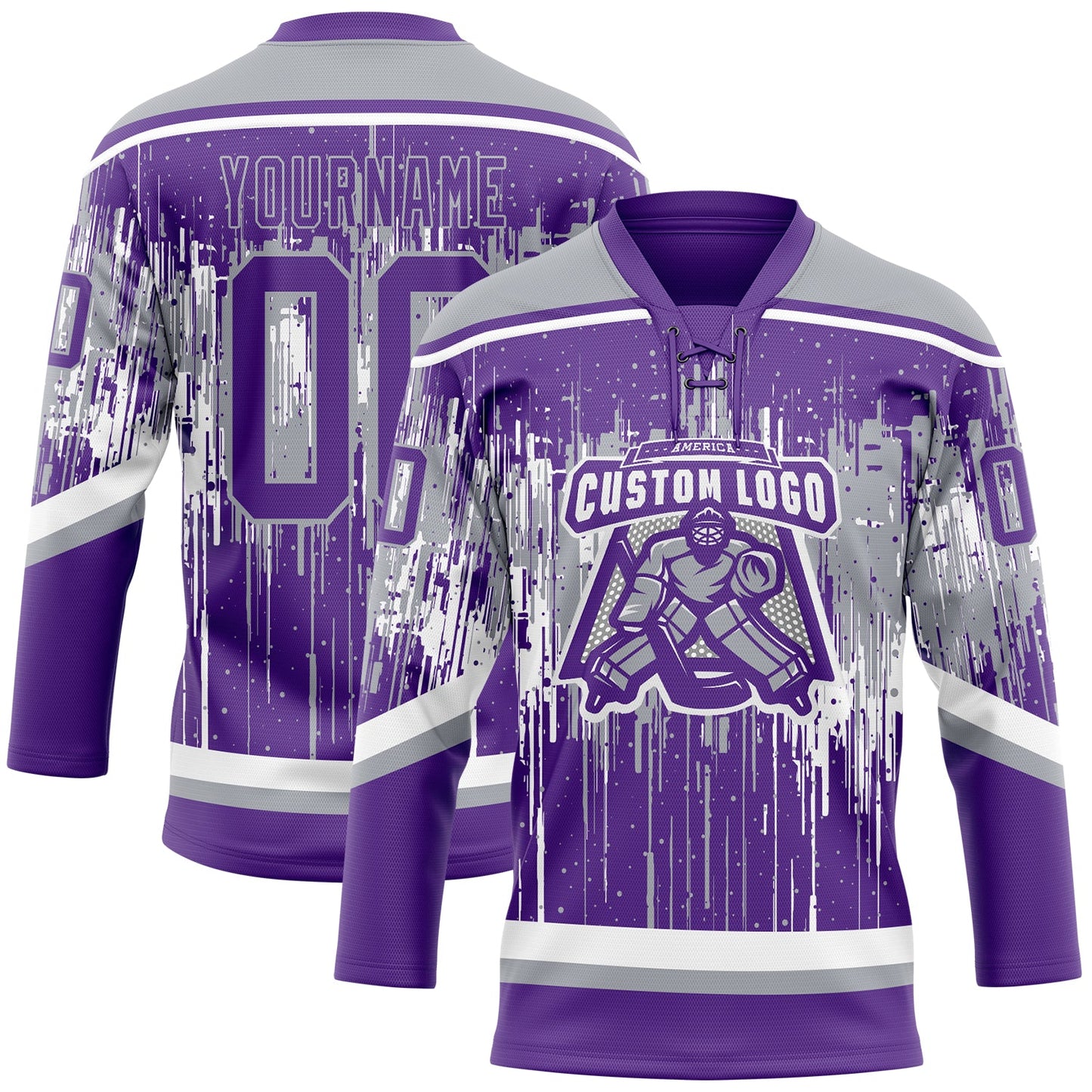Custom Purple Gray-White Dripping Splatter Pattern Hockey Lace Neck Jersey view 2