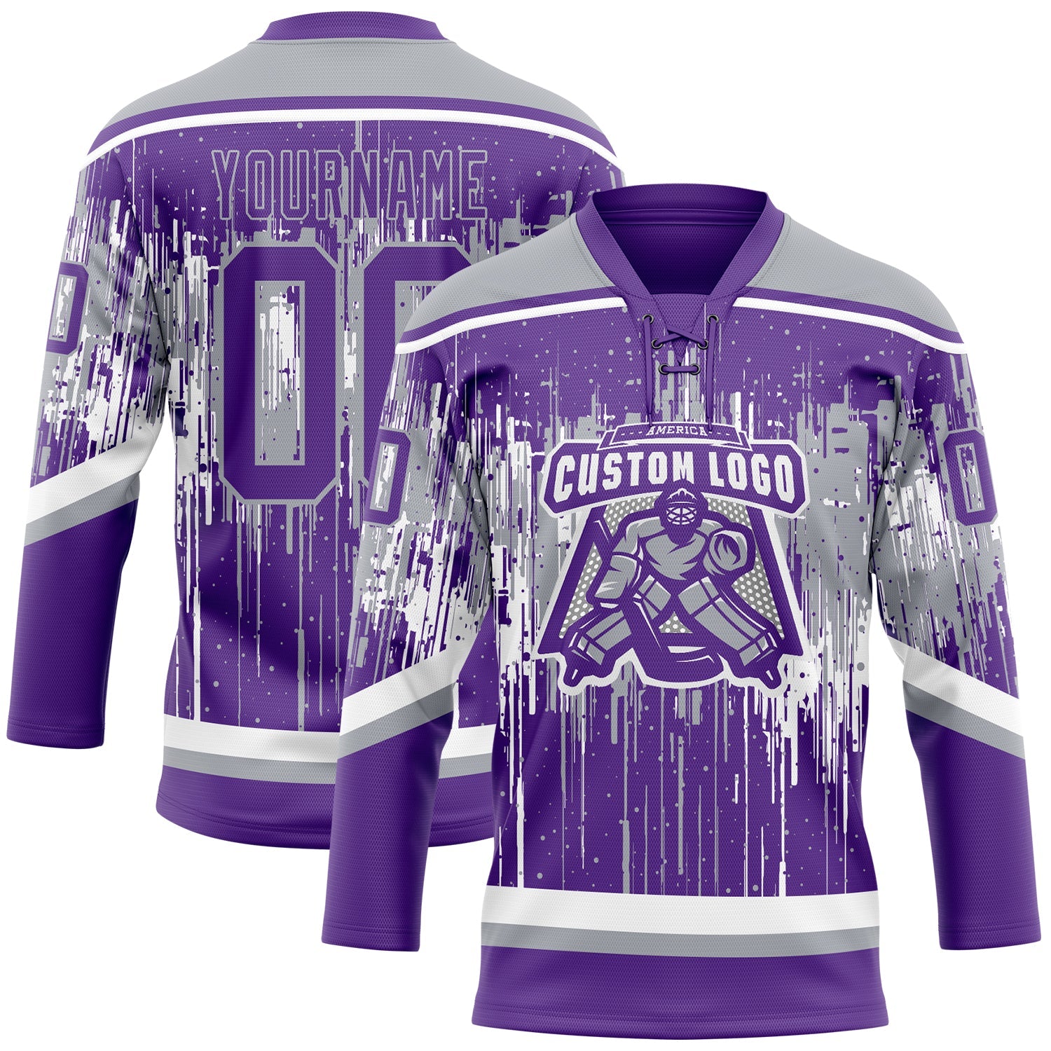Custom Purple Gray-White Dripping Splatter Pattern Hockey Lace Neck Jersey view 2