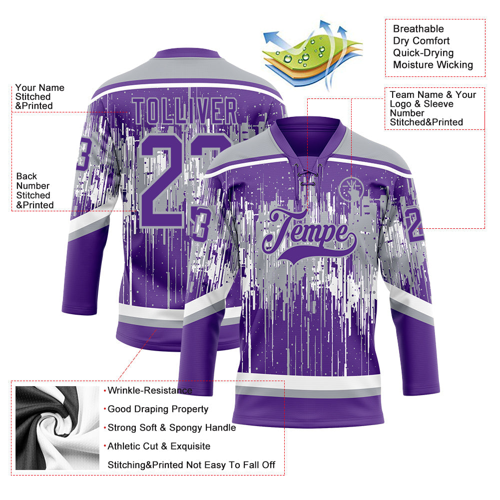 Custom Purple Gray-White Dripping Splatter Pattern Hockey Lace Neck Jersey view 5