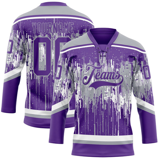 Custom Purple Gray-White Dripping Splatter Pattern Hockey Lace Neck Jersey - Main View